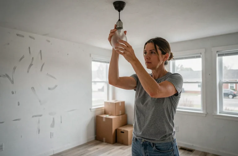 Femme qui dévisse une ampoule lors d'un déménagement dans un appartement vide