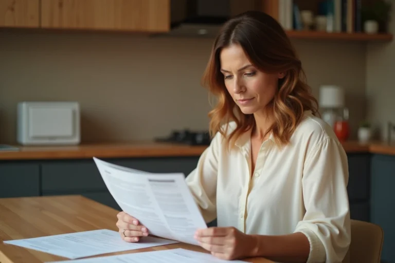 Femme consultant des documents d'assurance à la maison pour protéger ses biens et sa famille