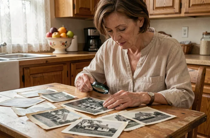 Femme examinant d'anciennes photos de maison avec une loupe posée sur une table en bois couverte de photographies noir et blanc