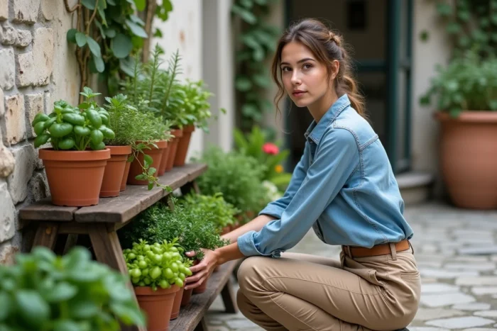 Jeune femme arrangeant des herbes aromatiques en pot sur des étagères en bois dans un jardin de cour méditerranéen