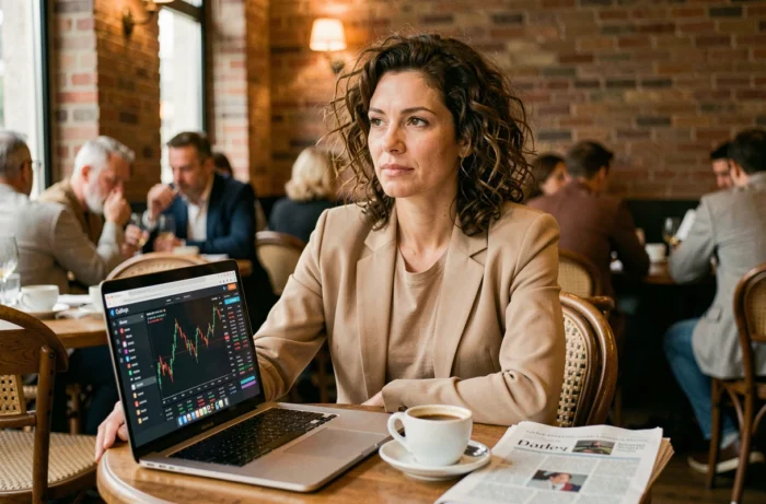 Femme investissant en bourse sur son ordinateur portable dans un café parisien avec journal financier