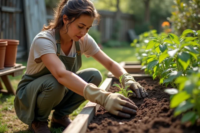 Femme jardinière plantant des semis de tomates dans un potager surélevé en bois au printemps