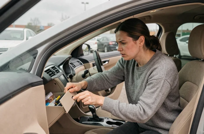 Femme tentant d'ouvrir une boîte à gants coincée dans une Ford Mondeo en stationnement