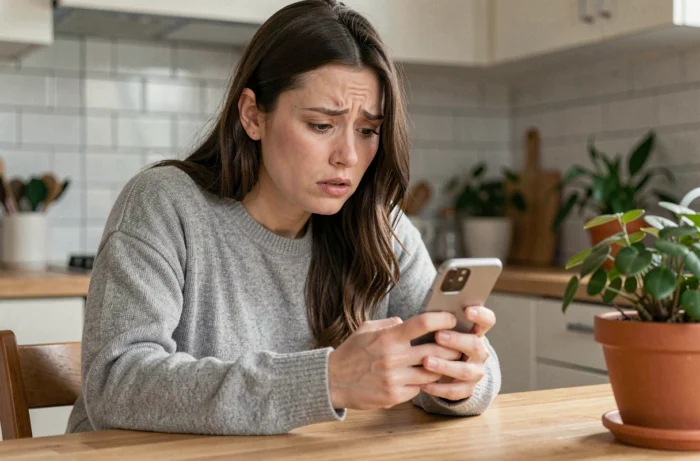 Femme perplexe regardant son téléphone après avoir été retirée d'un groupe WhatsApp