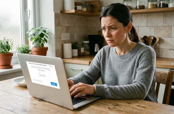Femme consultant une pétition en ligne sur son ordinateur portable dans une cuisine moderne, expression dubitative