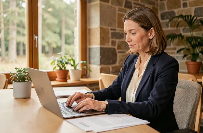 Femme professionnelle travaillant dans un espace de co-working à La Petite Pierre, illustrant les services aux entreprises de la région