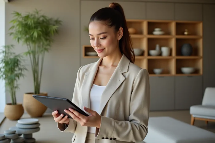 Femme professionnelle tenant une tablette dans un showroom de décoration zen, illustrant la dimension numérique d'une collaboration entre deux marques de décoration intérieure