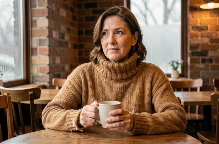 Femme portant un pull col roulé en cachemire couleur camel dans un café cosy en hiver