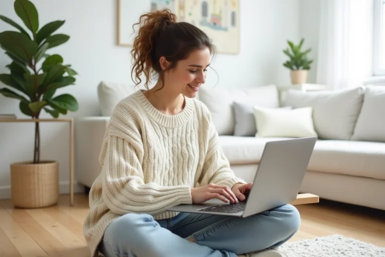 Femme consultant des annonces immobilières en ligne sur un ordinateur portable dans un appartement moderne