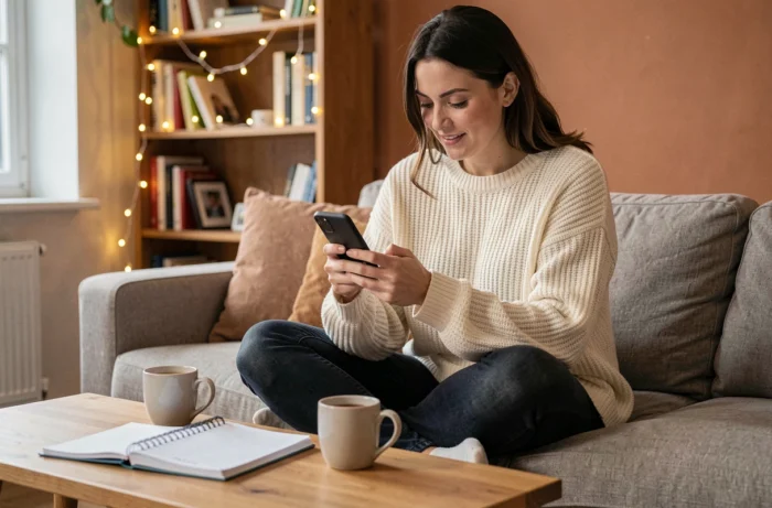 Femme cherchant une soirée du Nouvel An 2026 sur son smartphone depuis son salon