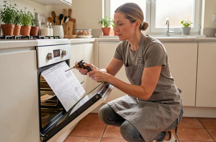 Femme consultant une fiche technique pour remplacer un gicleur gaz sur un four domestique dans une cuisine moderne