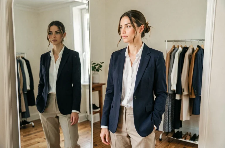 Femme élégante évaluant sa tenue devant un miroir dans un appartement parisien, portant un blazer marine et un pantalon beige tailleur