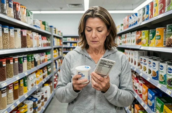 Femme comparant des étiquettes nutritionnelles en supermarché pour choisir des aliments sains dans le cadre d'un régime minceur