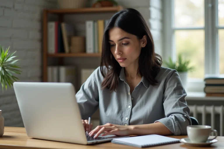 Femme travaillant depuis son bureau à domicile sur un ordinateur portable dans un espace organisé et chaleureux