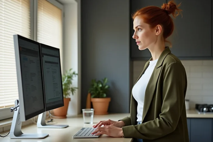 Femme en télétravail debout dans une cuisine moderne aménagée en espace de travail avec double écran et organisation soignée