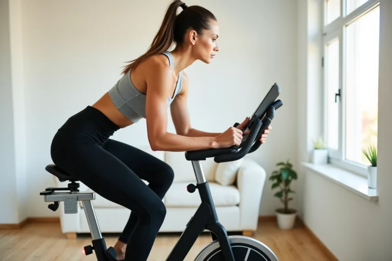Femme utilisant un vélo d'appartement SportPlus SP-HT-1004-IE dans une salle de sport à domicile