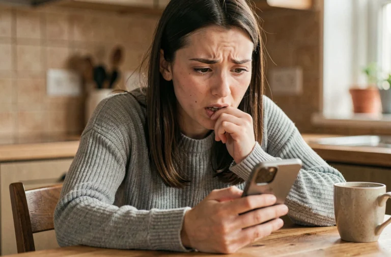 Jeune femme perplexe regardant son téléphone pour vérifier si un contact l'a mise en sourdine sur Messenger