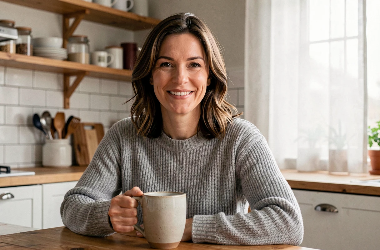 Femme souriante et détendue dans une cuisine moderne et chaleureuse, tenant une tasse de café, ambiance familiale discrète