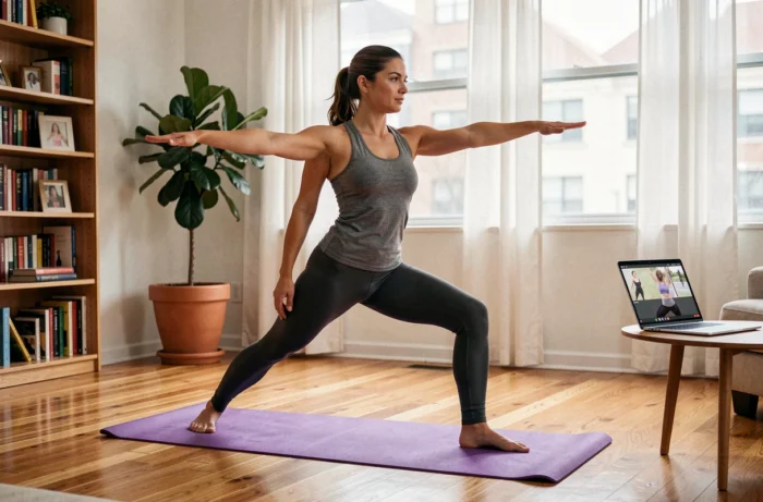 Femme pratiquant le yoga à domicile devant un cours de fitness en ligne sur ordinateur portable