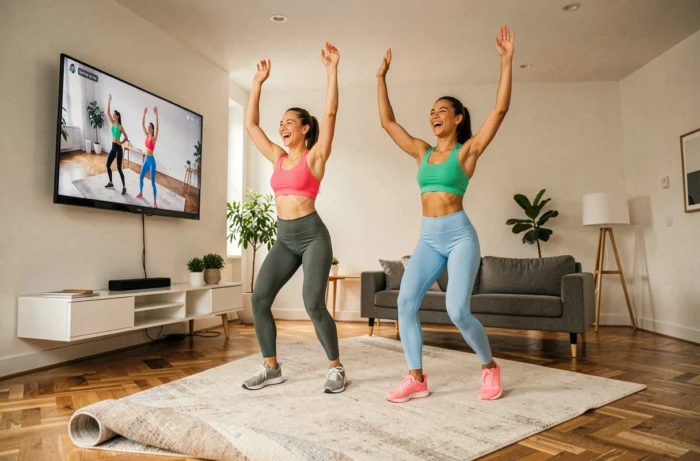 Deux femmes faisant une séance de cardio danse en ligne à domicile dans un appartement moderne