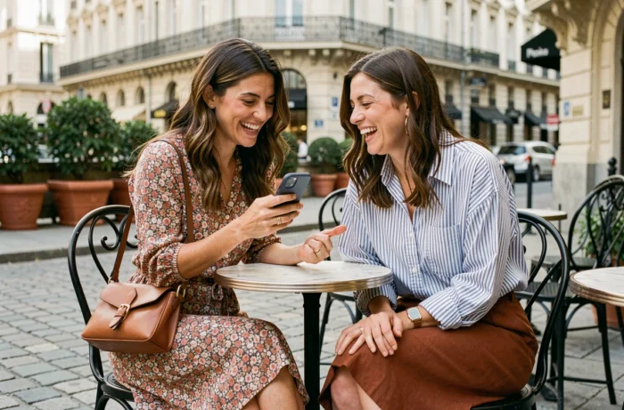 Deux femmes élégamment habillées partageant des idées mode sur smartphone en terrasse de café dans un quartier parisien