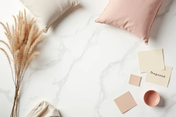 Plat lay éditorial de produits de décoration et documents de collaboration posés sur une surface en marbre clair, évoquant un partenariat entre deux marques lifestyle