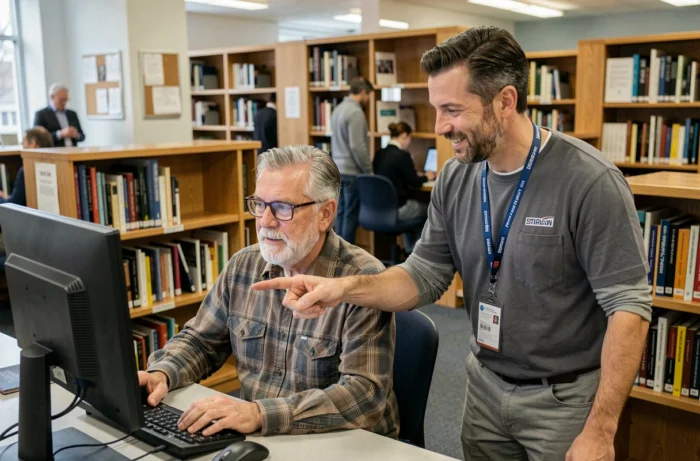 Un homme senior apprenant à utiliser un ordinateur avec l'aide d'un technicien dans une bibliothèque publique