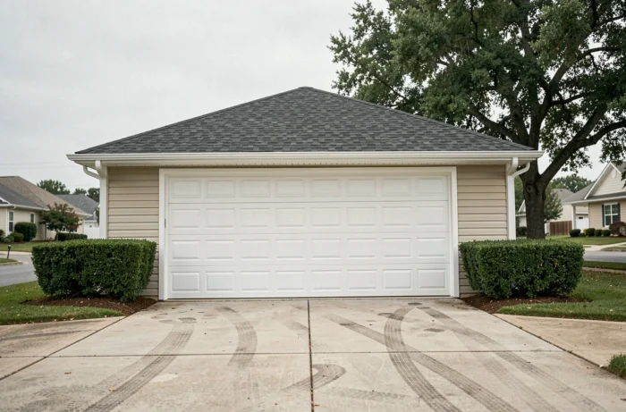 Garage résidentiel avec toiture à pente rénovée et bardeaux d'asphalte gris foncé terminée