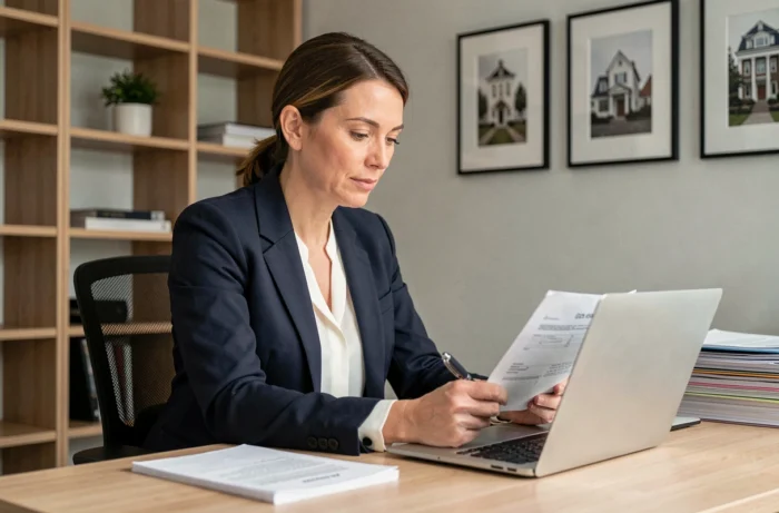 Femme professionnelle gérant ses biens immobiliers en ligne depuis un bureau à domicile moderne