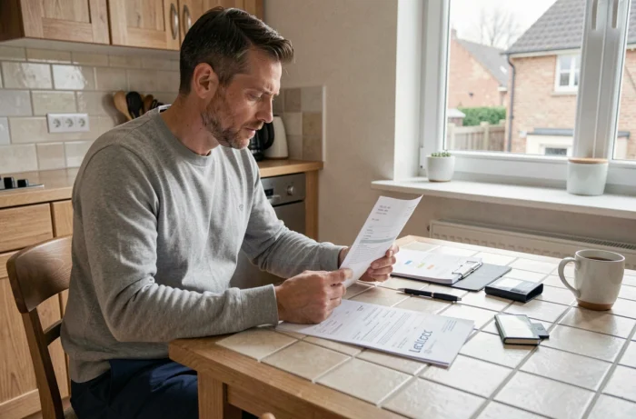 Homme consultant un relevé bancaire et un chéquier pour gérer ses chèques différés Leclerc