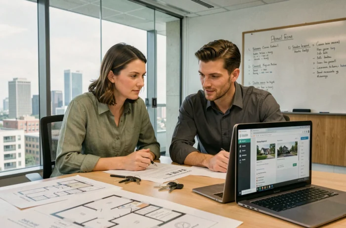 Deux gestionnaires immobiliers analysant un logiciel de gestion de biens en agence avec vue sur la ville