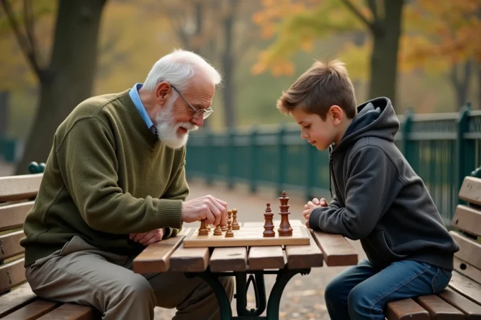 Un grand-père de cœur enseigne les échecs à un jeune garçon dans un parc en automne, symbolisant le partage intergénérationnel et la transmission de savoirs
