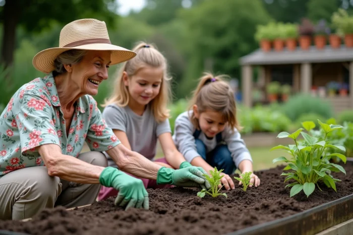 Une femme âgée et deux enfants plantent des légumes ensemble dans un jardin communautaire, représentant la solidarité intergénérationnelle et le rôle de grands-parents de cœur