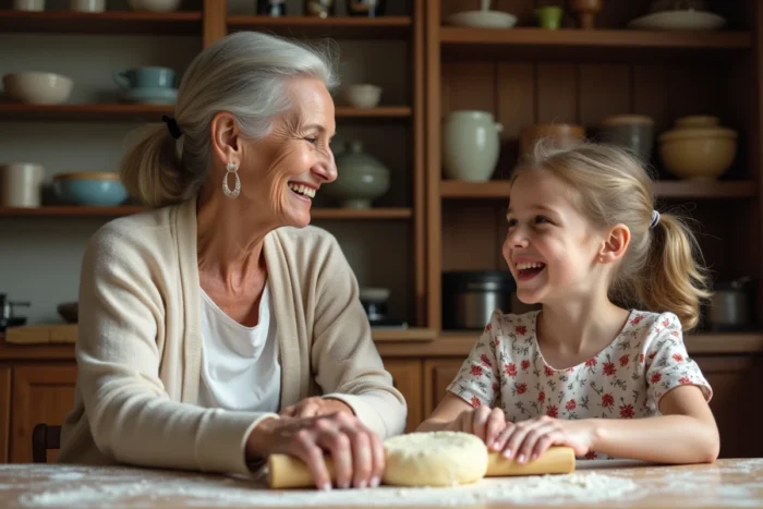 Une grand-mère de cœur et une jeune fille préparent de la pâtisserie ensemble dans une cuisine chaleureuse, illustrant un lien intergénérationnel authentique