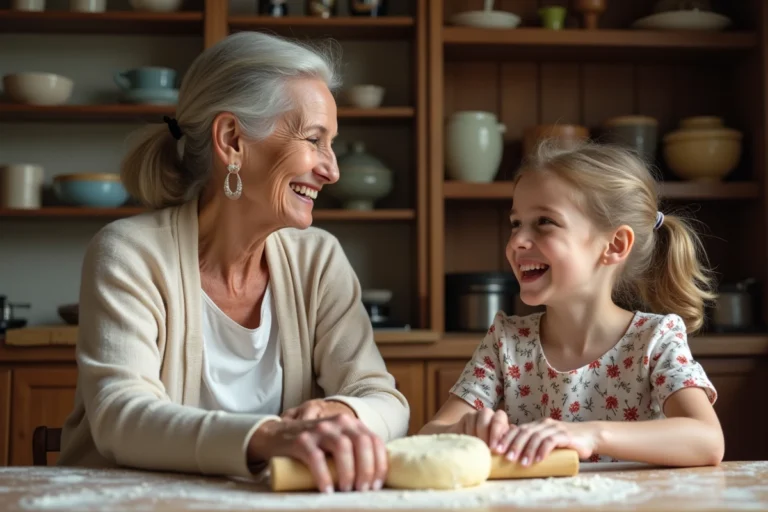 Une grand-mère de cœur et une jeune fille préparent de la pâtisserie ensemble dans une cuisine chaleureuse, illustrant un lien intergénérationnel authentique