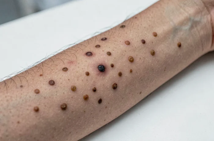 Gros plan sur des grains de beauté sur l'avant-bras humain illustrant les signes visuels du mélanome et du cancer de la peau