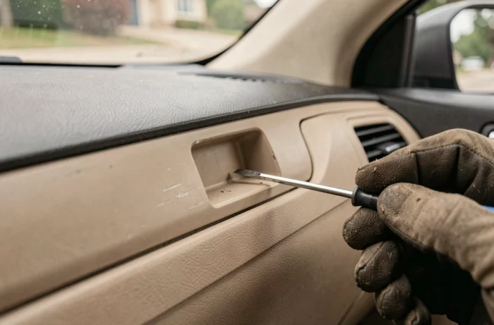 Gros plan sur le mécanisme de verrouillage d'une boîte à gants Ford Mondeo avec un tournevis