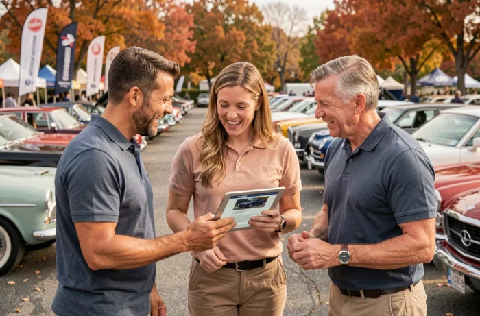 Groupe de passionnés d'automobile consultant un site automobile lors d'un salon en plein air à l'automne