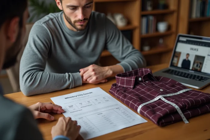 Homme consultant un guide des tailles IKKS avec un mètre ruban pour choisir sa chemise en ligne