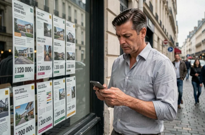 Homme devant une agence immobilière consultant des annonces de biens à 200 000 euros en ville
