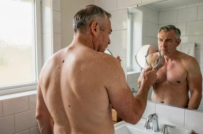 Homme d'âge mûr inspectant une tache suspecte dans son dos devant un miroir de salle de bain pour détecter un cancer de la peau