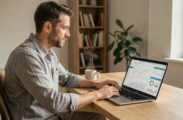 Homme travaillant depuis chez lui sur un tableau de bord d'automatisation de revenus passifs