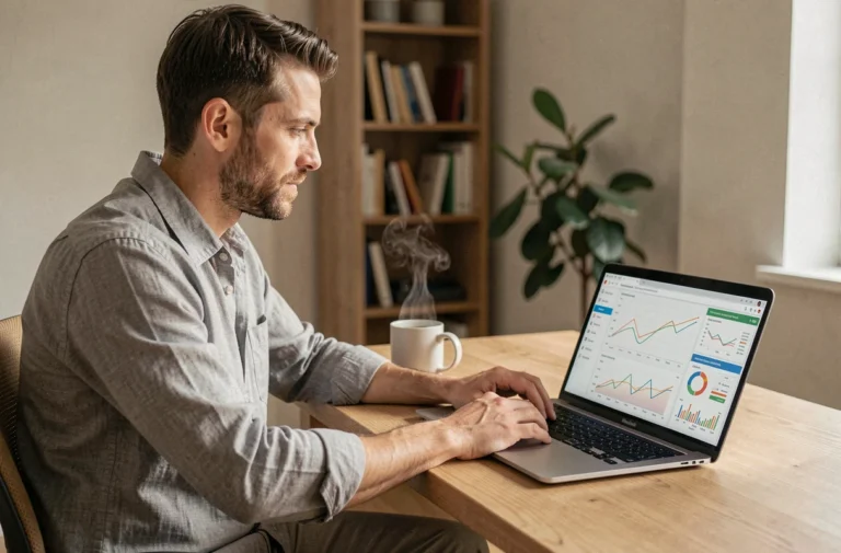 Homme travaillant depuis chez lui sur un tableau de bord d'automatisation de revenus passifs