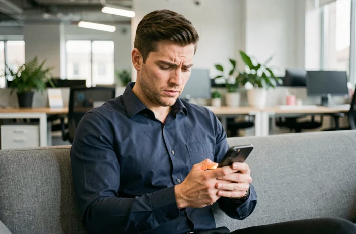 Homme en bureau consultant Messenger sur smartphone pour détecter une mise en sourdine par un contact