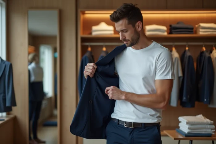 Homme consultant sa taille de veste IKKS dans une boutique de mode masculine moderne