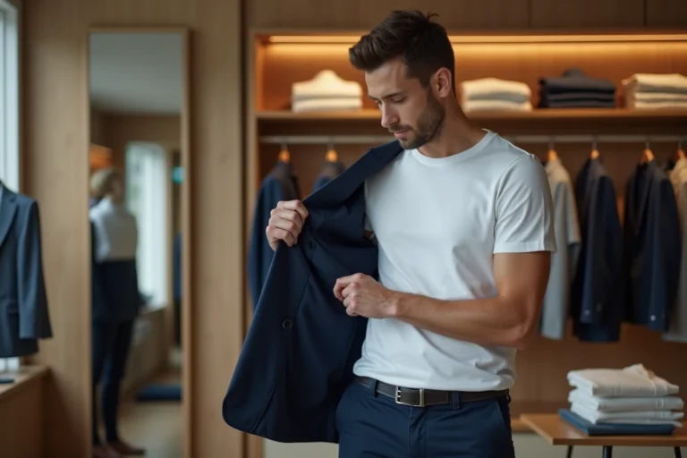 Homme consultant sa taille de veste IKKS dans une boutique de mode masculine moderne