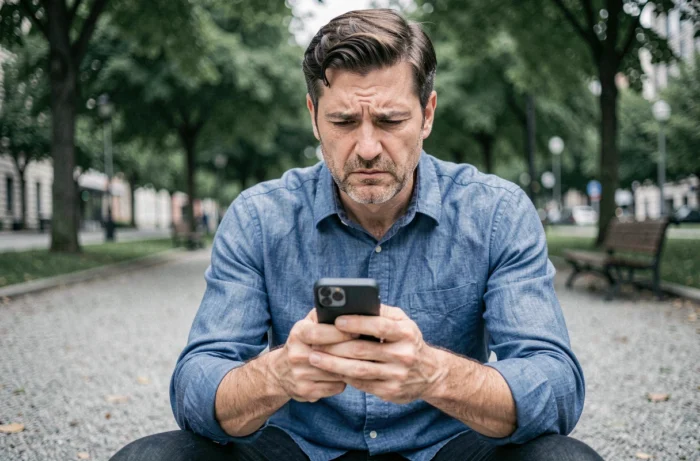 Homme confus consultant son application WhatsApp dans un parc urbain après suppression d'un groupe