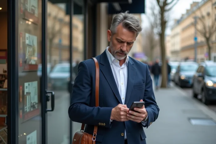 Homme d'affaires consultant une application d'annonces immobilières sur smartphone devant une agence immobilière à Paris
