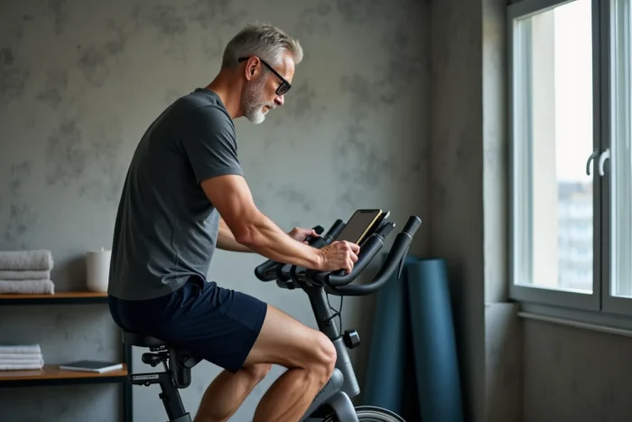 Homme consultant son application de fitness sur un vélo d'appartement SportPlus dans un appartement moderne