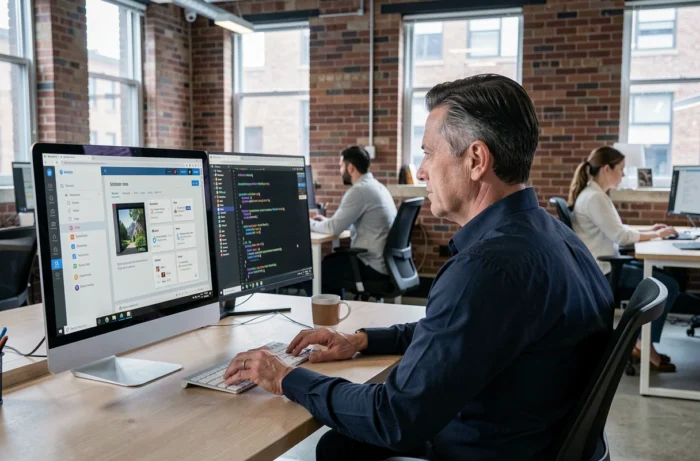 Homme d'affaires suivant une formation en ligne sur un double écran dans un espace de coworking